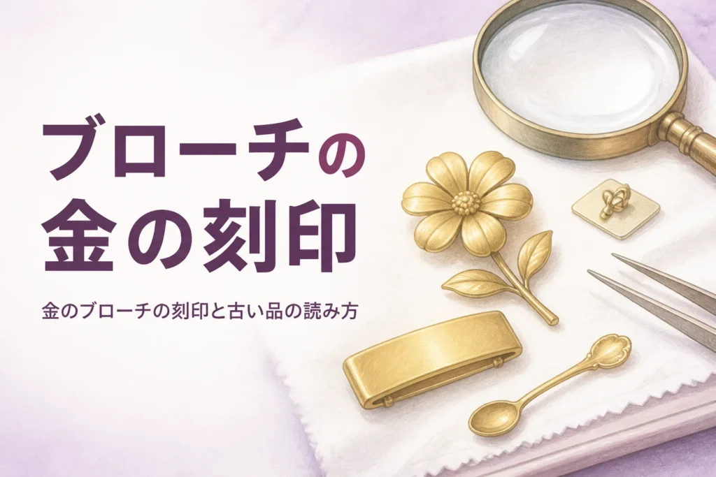 金のブローチや帯留めの刻印の読み方を表すアイキャッチ