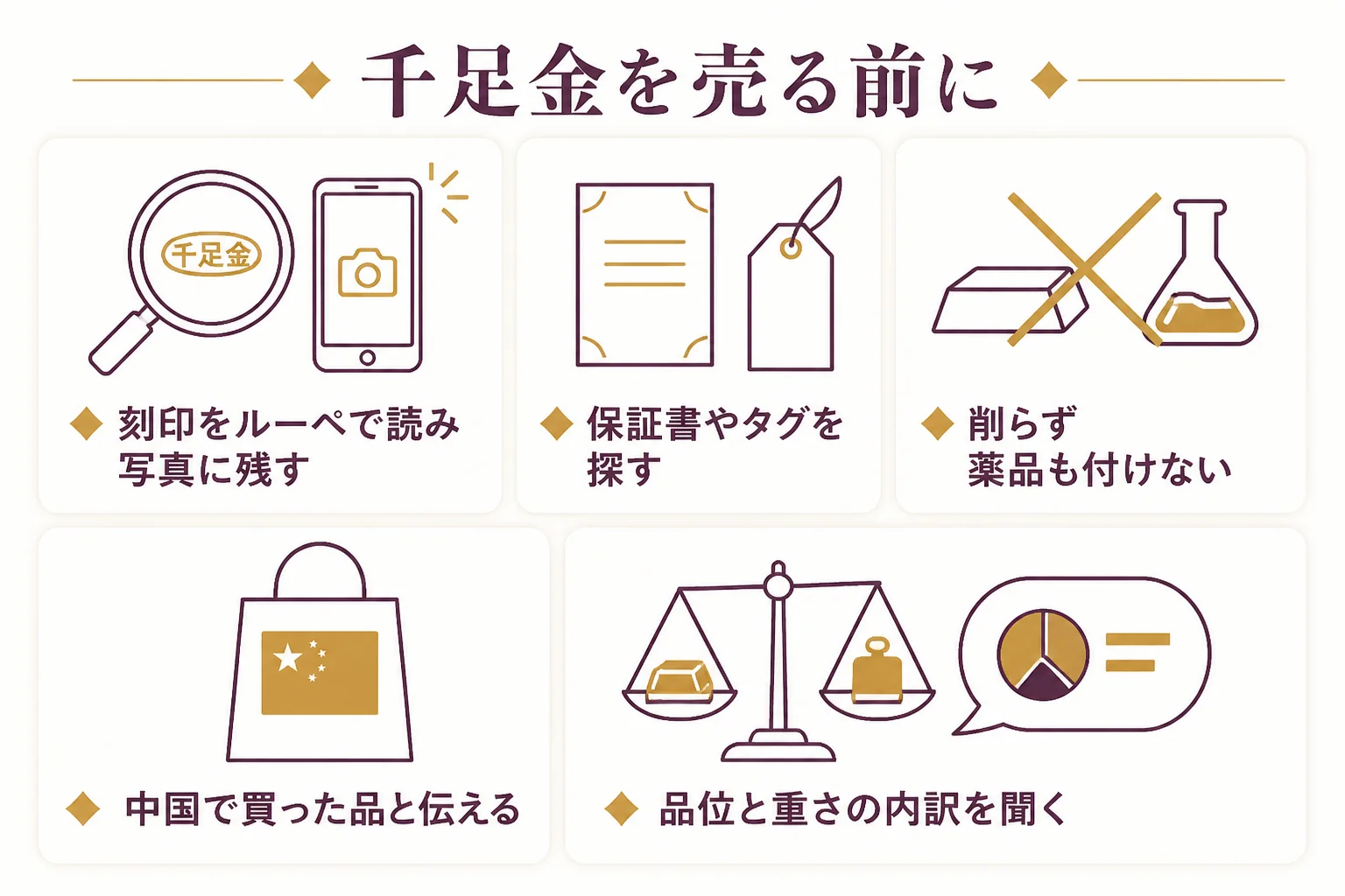 千足金の刻印がある品を日本で査定に出す前の手順をまとめた図解
