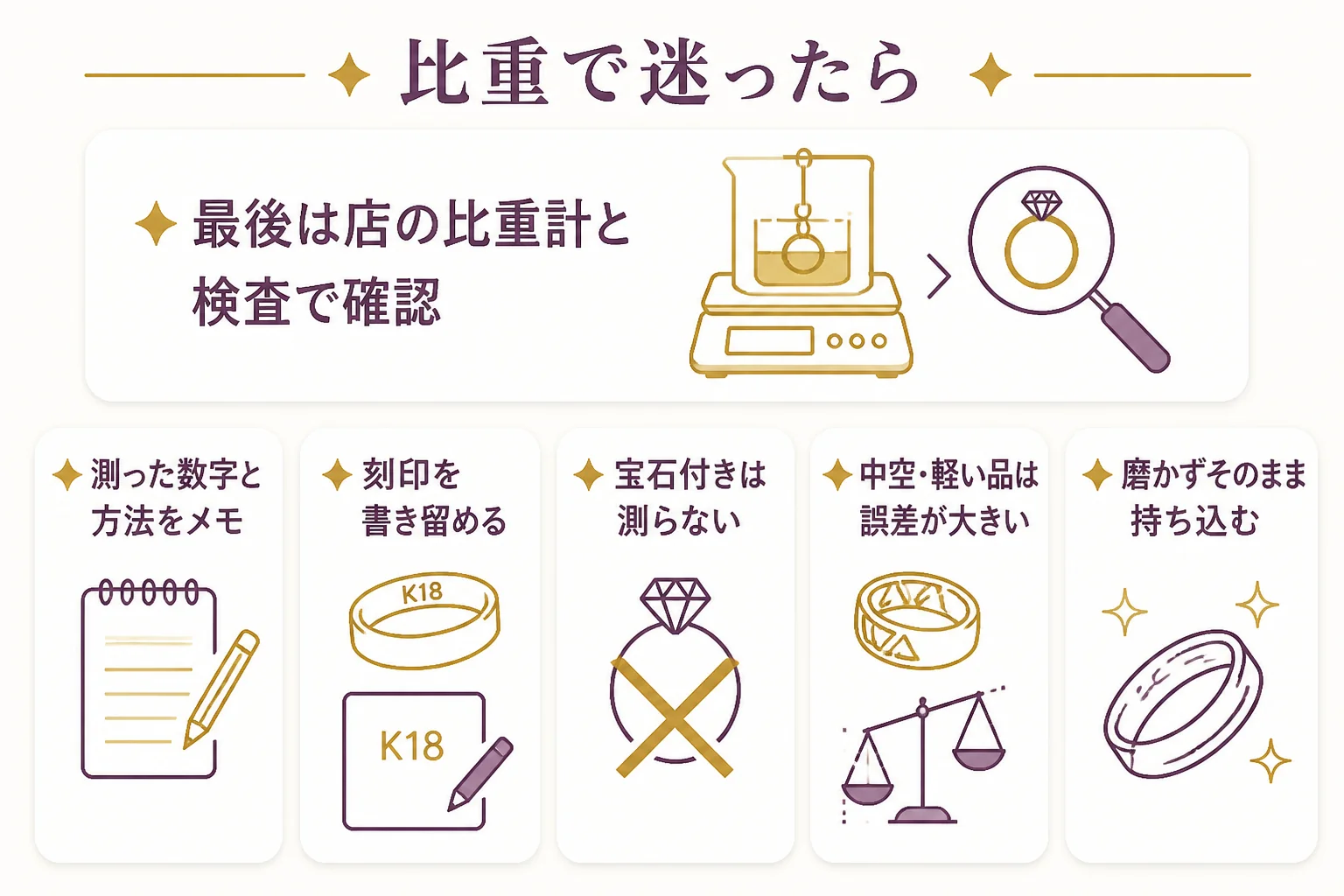 比重の結果で迷った時に、店に持ち込む前に準備することをまとめた図解