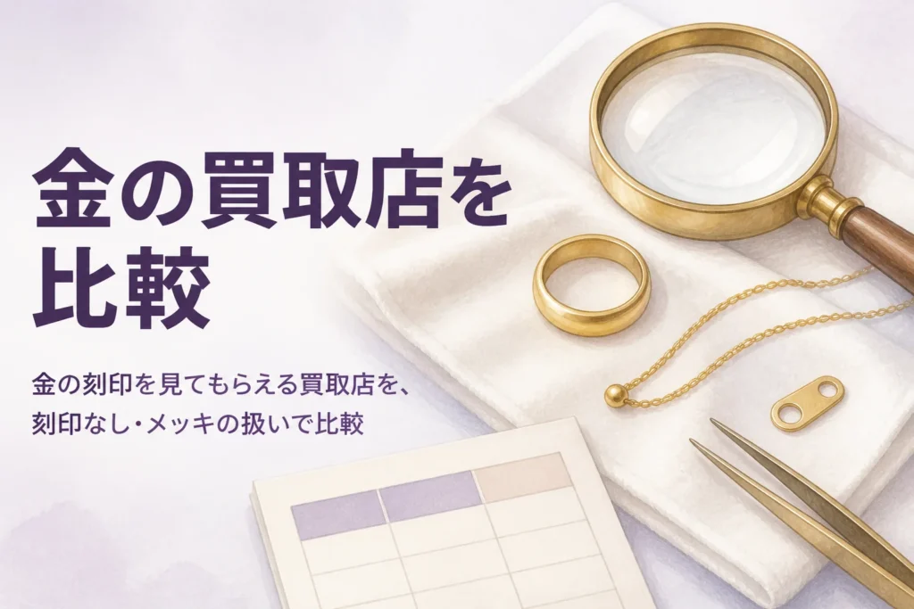 金の刻印を見てもらえる買取店を刻印なし・メッキの扱いで比較する記事のアイキャッチ