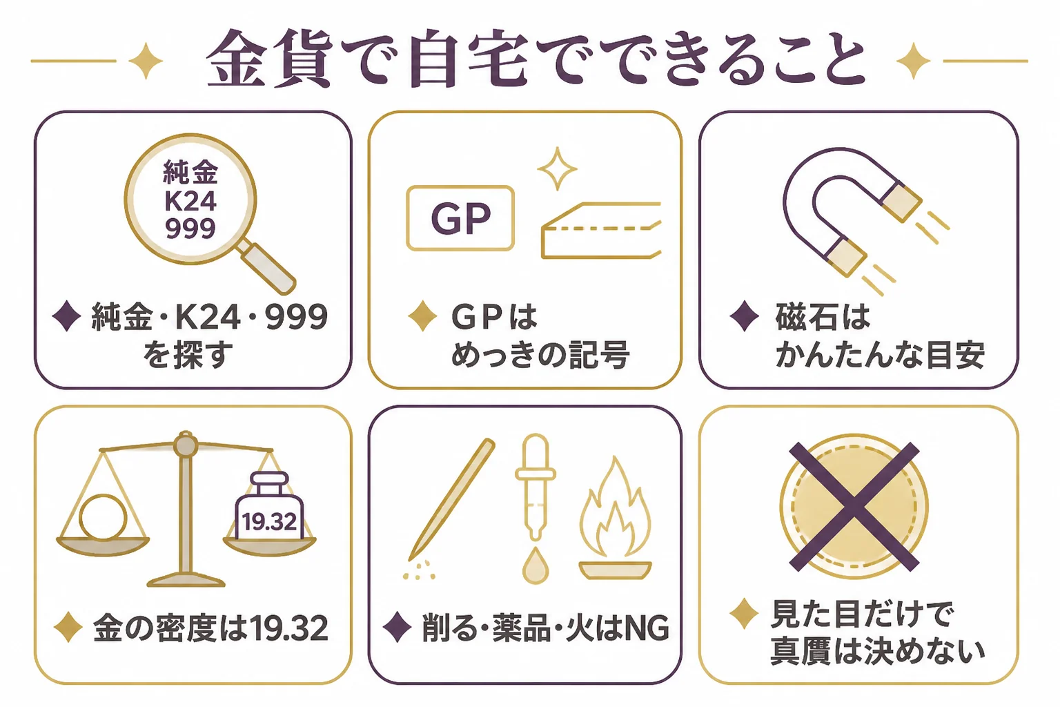 金貨の刻印と自宅で確かめられることをまとめた図解