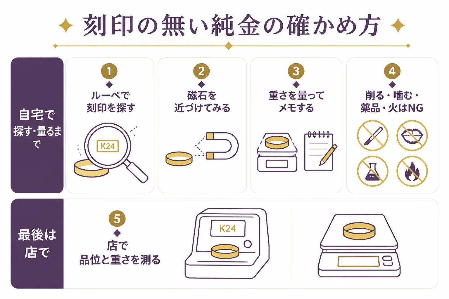 刻印の無い純金を店で確かめる流れの図解