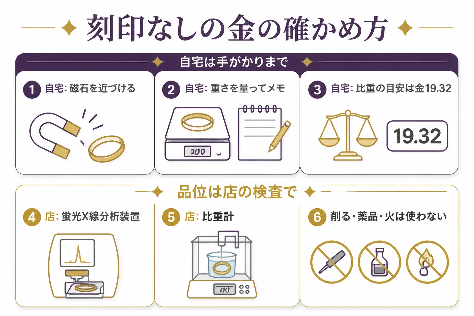刻印なしの金を自宅で確かめる方法と、店の検査で分かることを比べた図解