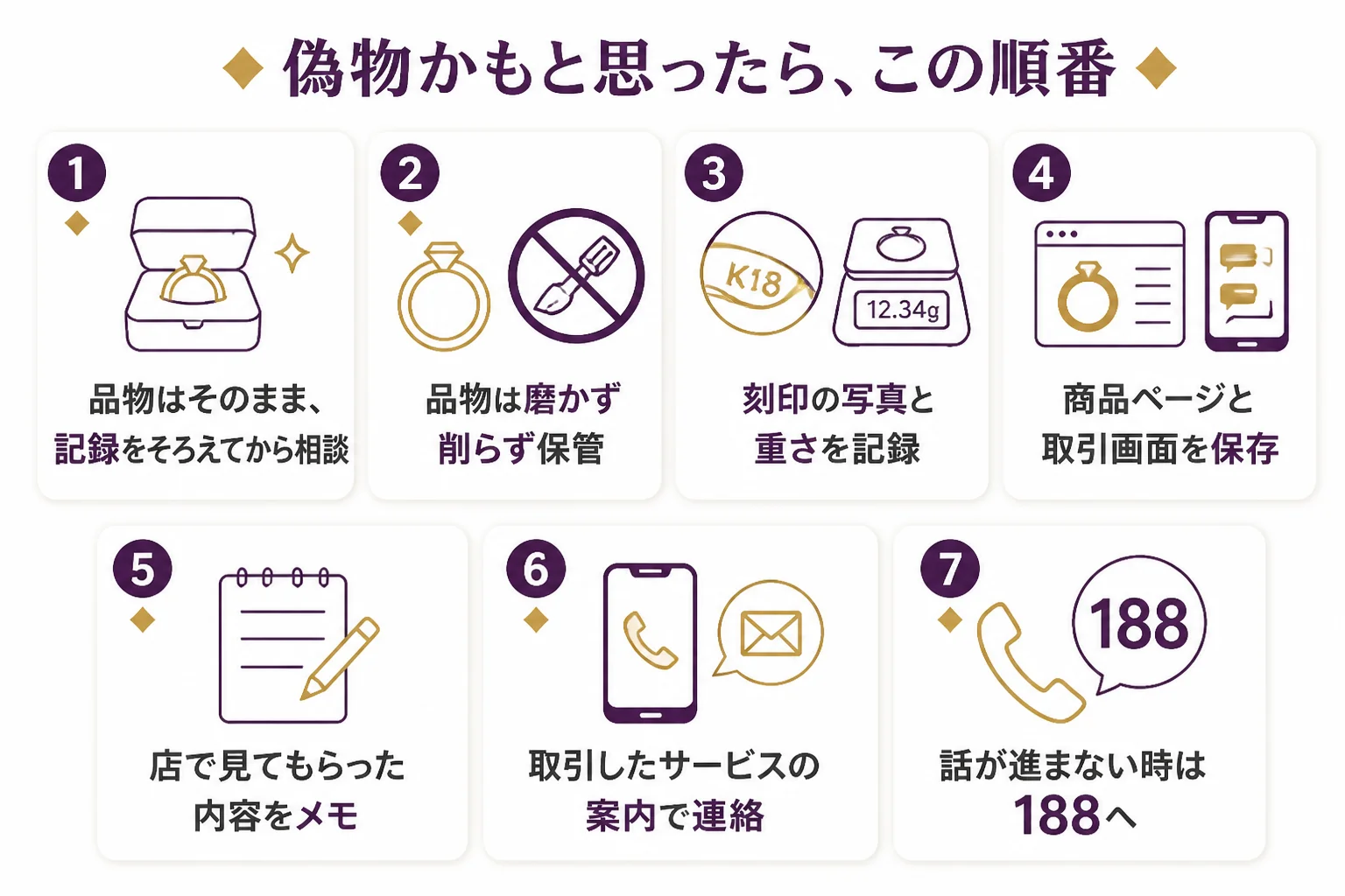 金の偽物を買ってしまったかもしれない時に、記録をそろえて相談先へ進む順番を示した図解