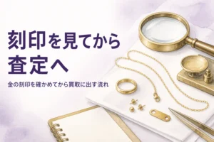 金の刻印を確かめてから買取の査定に出す流れを解説する記事のアイキャッチ