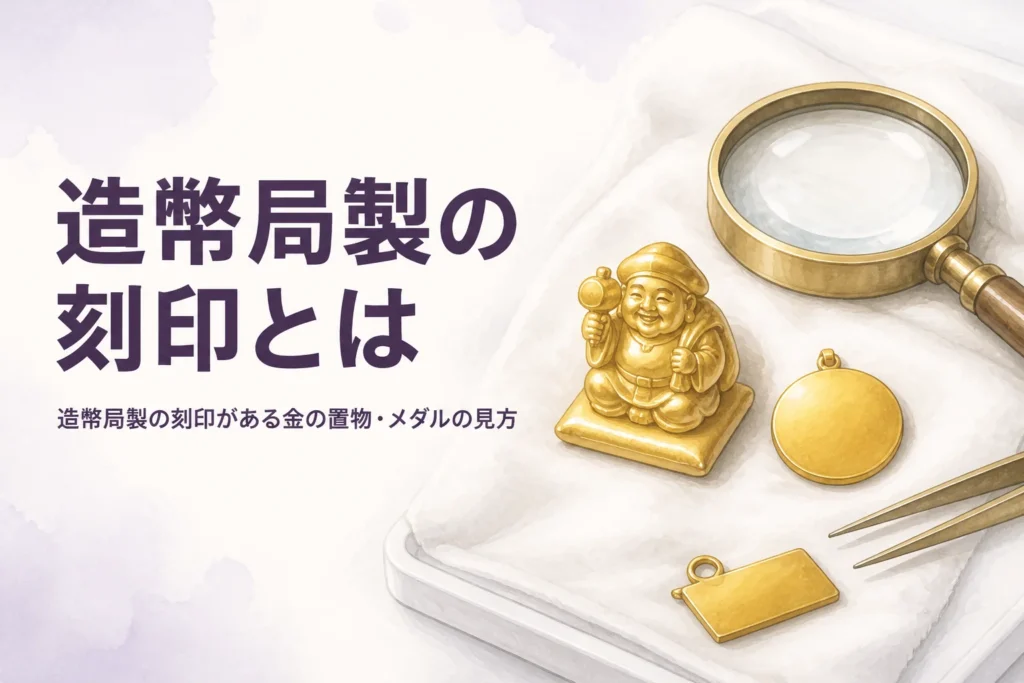 造幣局製の刻印がある金の置物とメダルを表すアイキャッチ